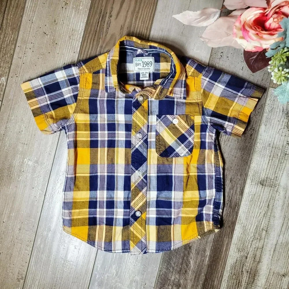 PLACE EST. 1989 Blue Yellow Plaid Button Down Boys Shirt Size 18-24 Mos NWOT